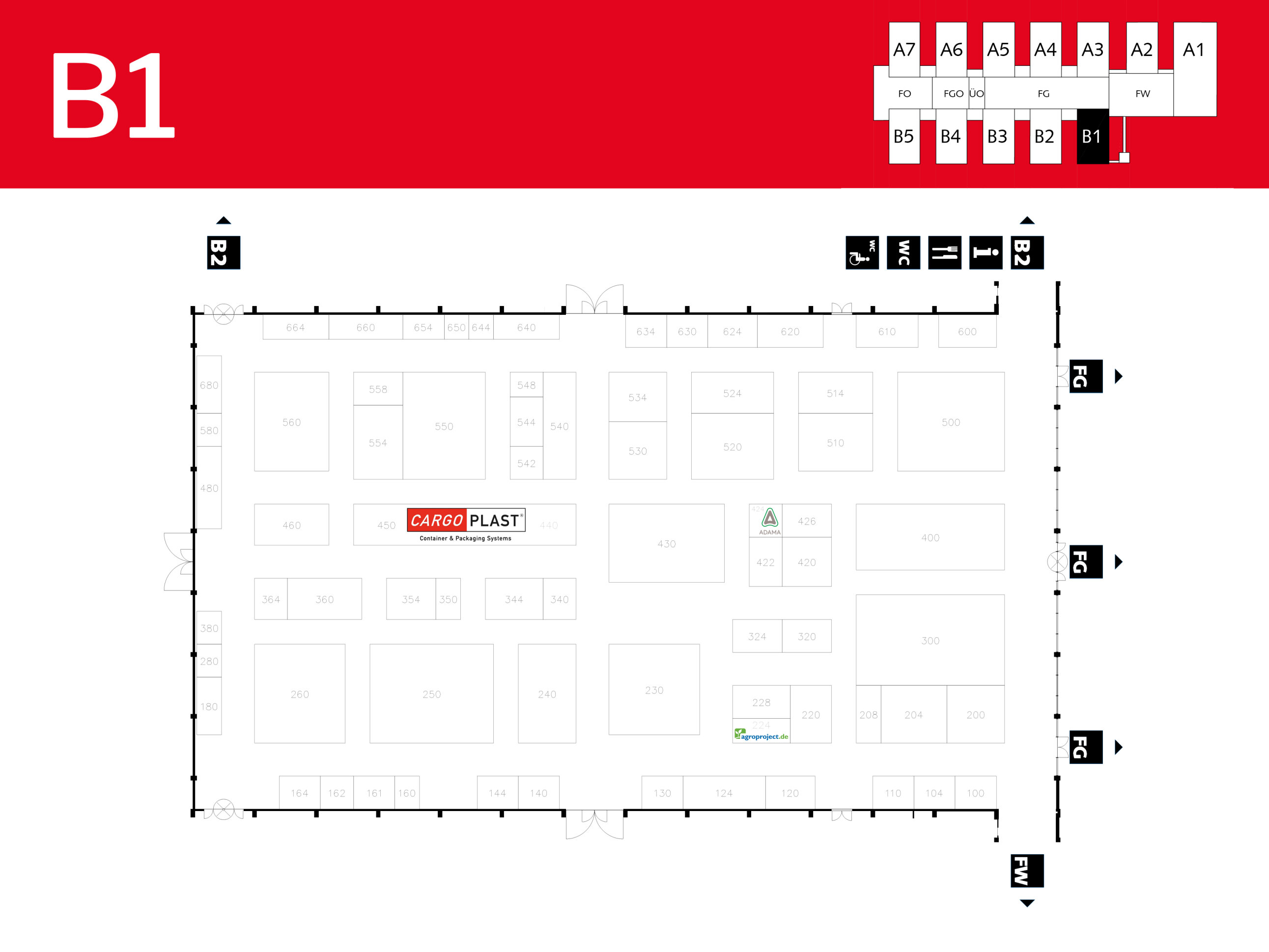Floor plan of hall B1 at an event, with stands arranged in a grid. Large red header with B1 at the top left. A highlighted sponsor stand, exits, toilets and a small map of the adjacent halls are also visible.