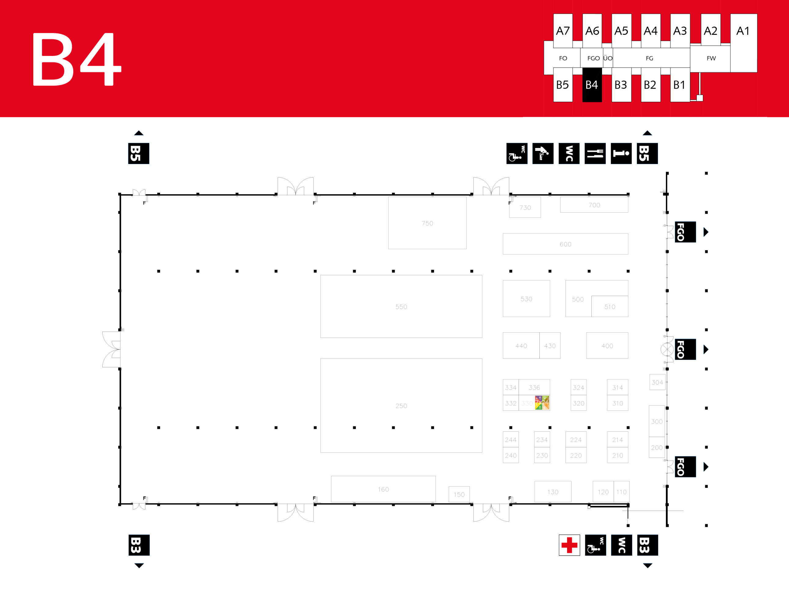 Floor plan of exhibition hall B4 with numbered stands, exits, toilets, checkroom and first aid area. The upper bar highlights B4 next to the other halls A1-A7 and B5. Icons indicate the facilities and locations.