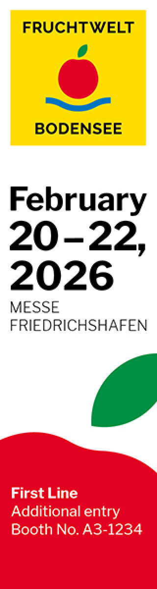 Banner for Fruchtwelt Bodensee with a red apple logo, event dates February 20–22, 2026 at Messe Friedrichshafen, and information about First Line additional entry at Booth No. A3-1234, with a red and green graphic design.