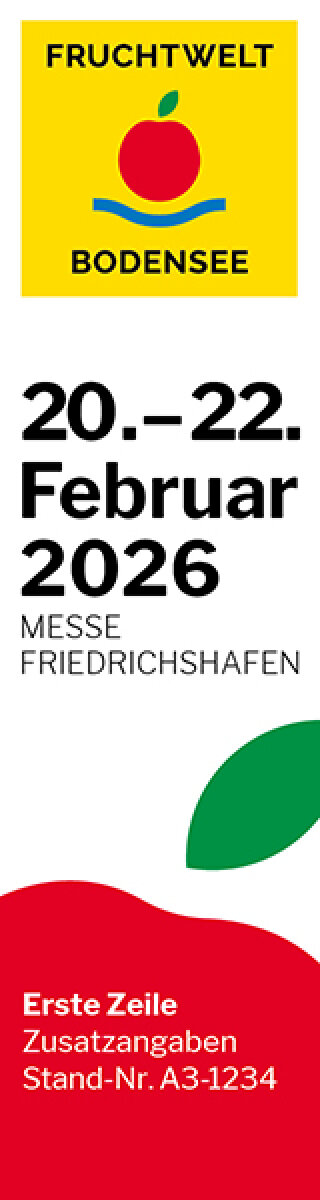 Vertikales Veranstaltungsbanner für die Fruchtwelt Bodensee, mit rotem Apfellogo, Veranstaltungsdatum 20.-22. Februar 2026, Veranstaltungsort Messe Friedrichshafen, sowie Platz für Ausstellerinfo mit Mustertext und Standnummer.