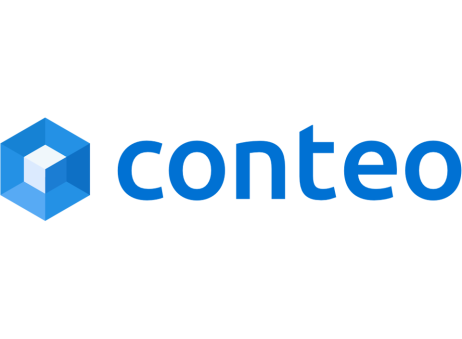 The image shows a blue, geometric cube logo next to the word conteo, which is written in bold, blue lower-case letters on a light background.