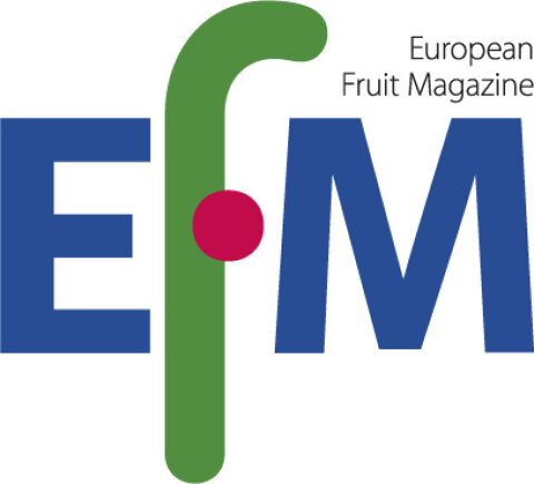 Logo for European Fruit Magazine with the letters EFM in blue, a stylized green F and a red dot in the middle as well as the lettering European Fruit Magazine in black letters in the top right corner.