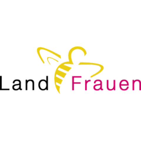Logo with the word LandFrauen; country in black, women in pink. Between the words is a yellow, stylized bee with wings, which forms part of the text. White background.