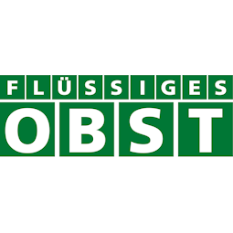 Green and white logo with the German lettering FLÜSSIGES OBST in bold capital letters, arranged in two rows, with each letter in a separate green box.