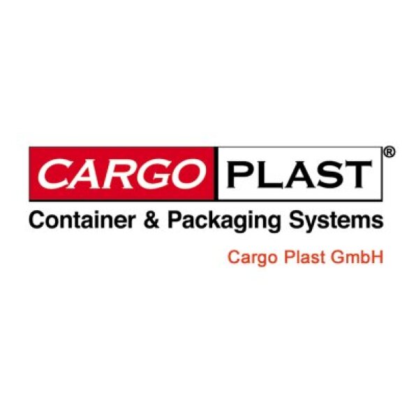 Logo für Cargo Plast GmbH mit dem Schriftzug CARGO in Weiß auf rotem Hintergrund und PLAST in Schwarz auf weißem Hintergrund, darunter Container & Packaging Systems und Firmenname.