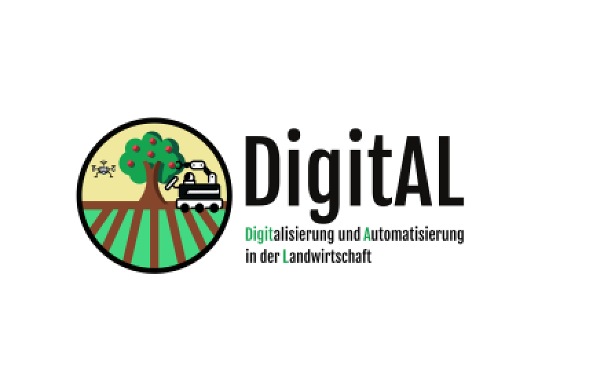 Das Logo zeigt eine stilisierte Bauernhofszene mit einer Drohne und einem Traktor in der Nähe eines Baumes und von Getreidefeldern. Daneben steht der Text: DigitAL Digitalisierung und Automatisierung in der Landwirtschaft.