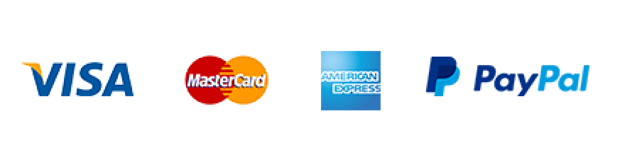 Symbole für Visa, MasterCard, American Express und PayPal, die für akzeptierte Zahlungsmethoden stehen.