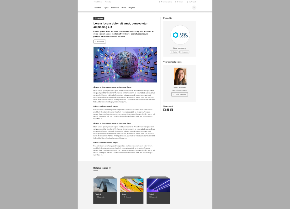 A webpage with an article featuring a large image of a digital globe surrounded by floating screens. The page includes text, a user profile, company logo, related topics, and a suggested professional contact.