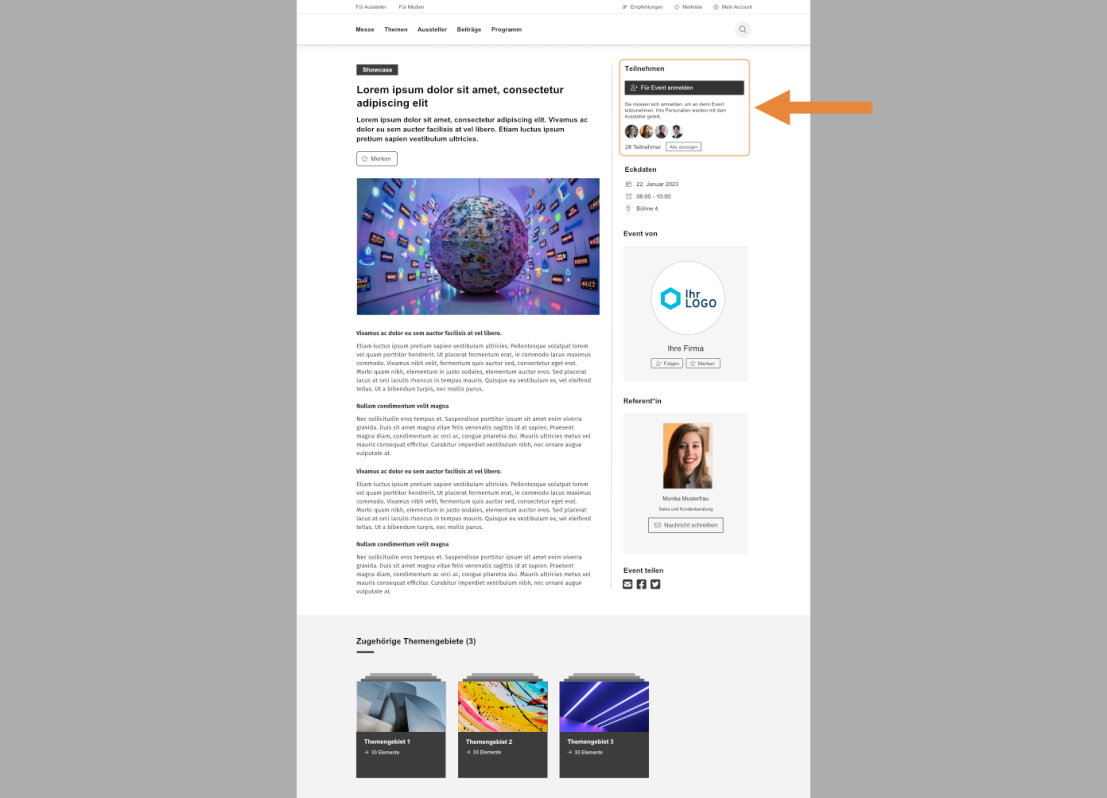 Screenshot einer Webseite mit einem Artikel, einem großen Globus mit einem Bild schwebender Bildschirme, verwandten Themen unten und einem orangefarbenen Pfeil, der auf einen Abschnitt zum Teilen in sozialen Medien in der rechten Seitenleiste zeigt.