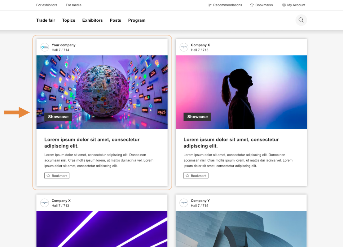 A website interface shows a grid of exhibitor cards. The highlighted card displays a colorful globe installation surrounded by floating digital screens, with “Showcase” and “Bookmark” buttons below. An orange arrow points to this card.