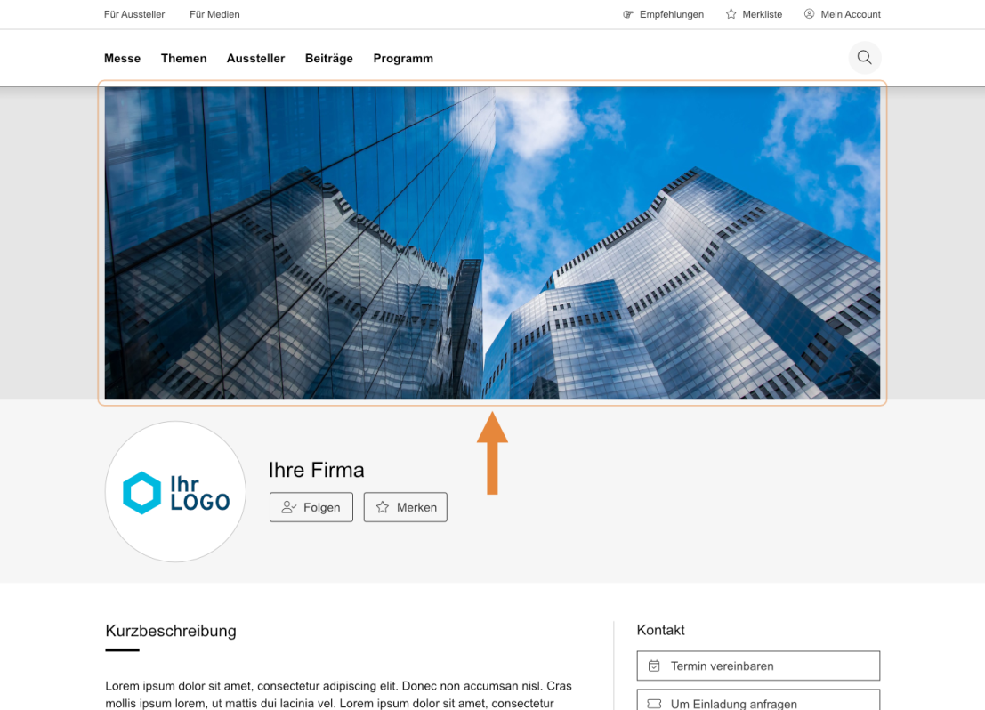 Die Profilseite einer Website zeigt ein großes Banner mit einem Foto reflektierender Wolkenkratzer, ein Logo mit dem Text „Ihr Logo“ und „Ihre Firma“ als Firmennamen sowie Abschnitte für eine Beschreibung und Kontaktinformationen darunter. Ein orangefarbener Pfeil zeigt nach unten.