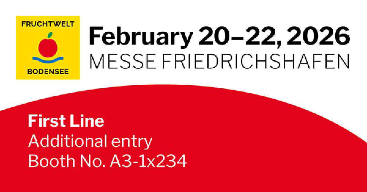 Event banner for Fruchtwelt Bodensee, taking place February 20–22, 2026 at Messe Friedrichshafen. Text highlights First Line, Additional entry, Booth No. A3-1x234 with a red and yellow design.