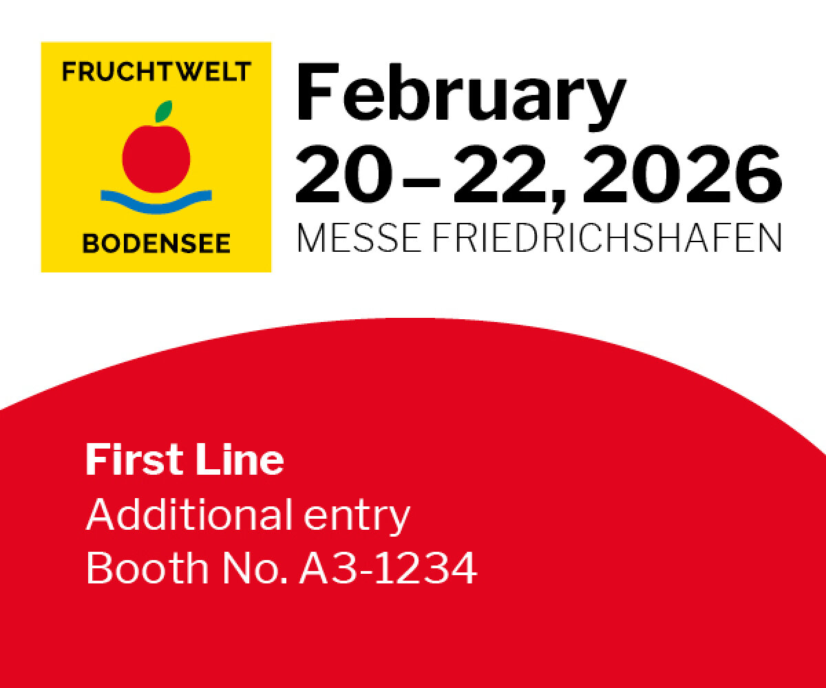 Event banner for FRUCHTWELT BODENSEE, held February 20–22, 2026 at Messe Friedrichshafen, with a yellow logo featuring an apple, and text: First Line, Additional entry, Booth No. A3-1234 on a red background.